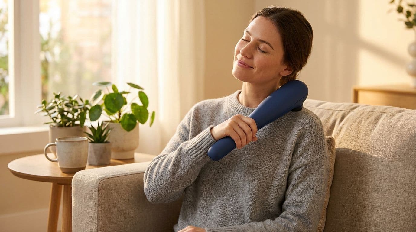 Mulher usando massageador no pescoço em casa