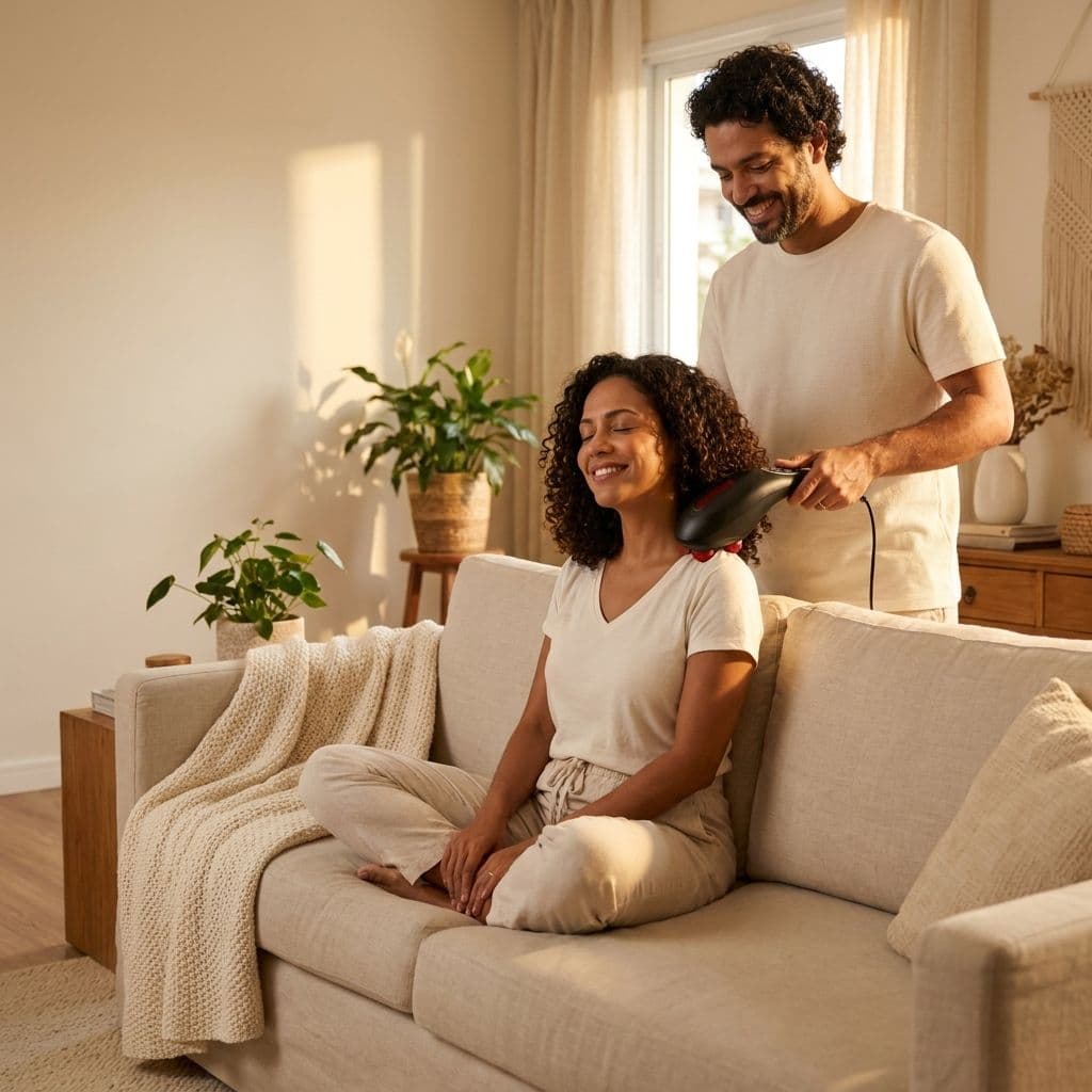 Casal usando o massageador de mão em casa
